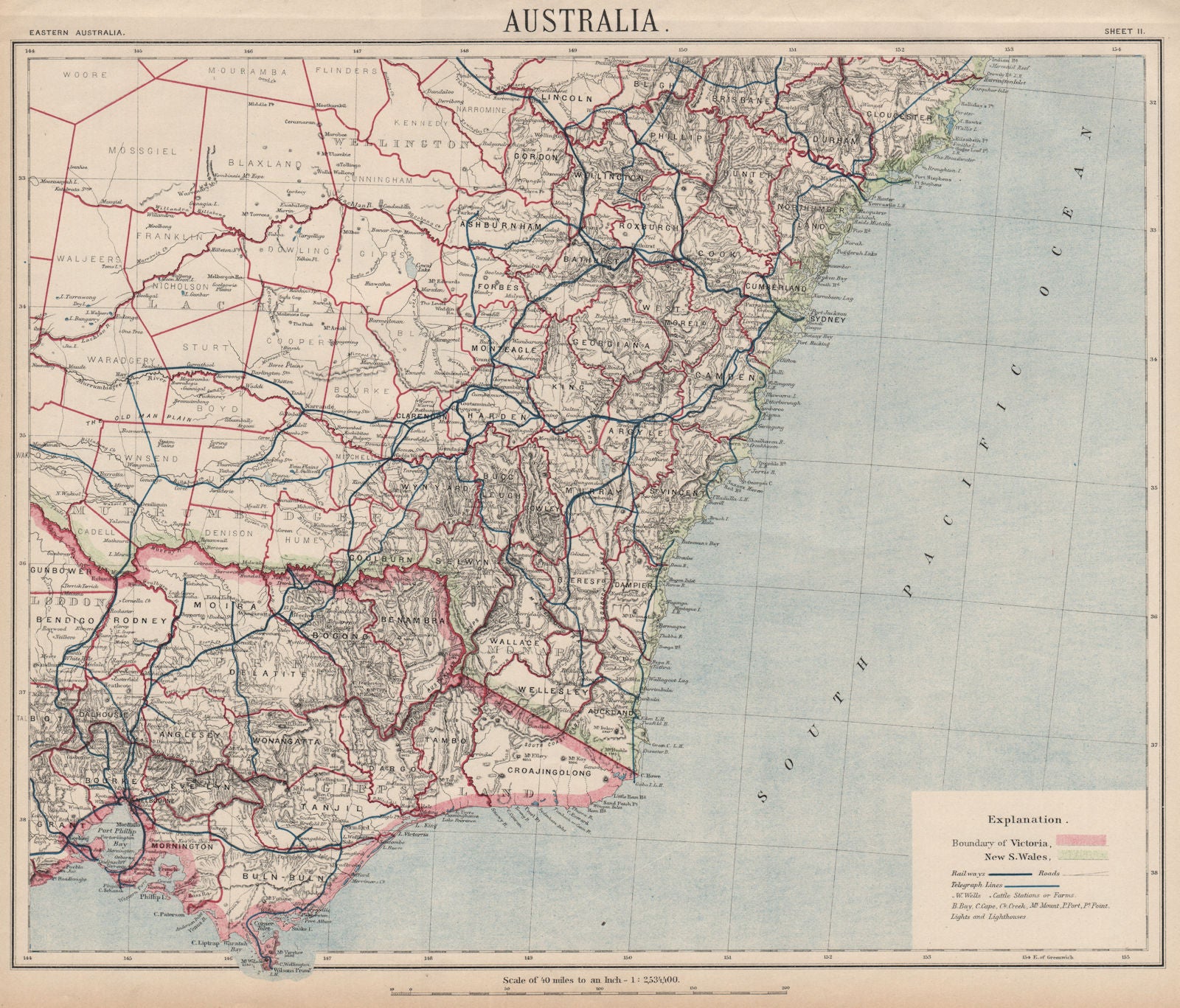 VICTORIA NEW SOUTH WALES Sydney. Railways telegraphs. Australia. LETTS 1889 map